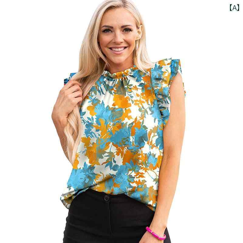 レディース 夏 カジュアル ファッション 蓮 葉 スリーブ トップス アメリカン プリントプルオーバー ラウンドネック 半袖 シフォンシャツ