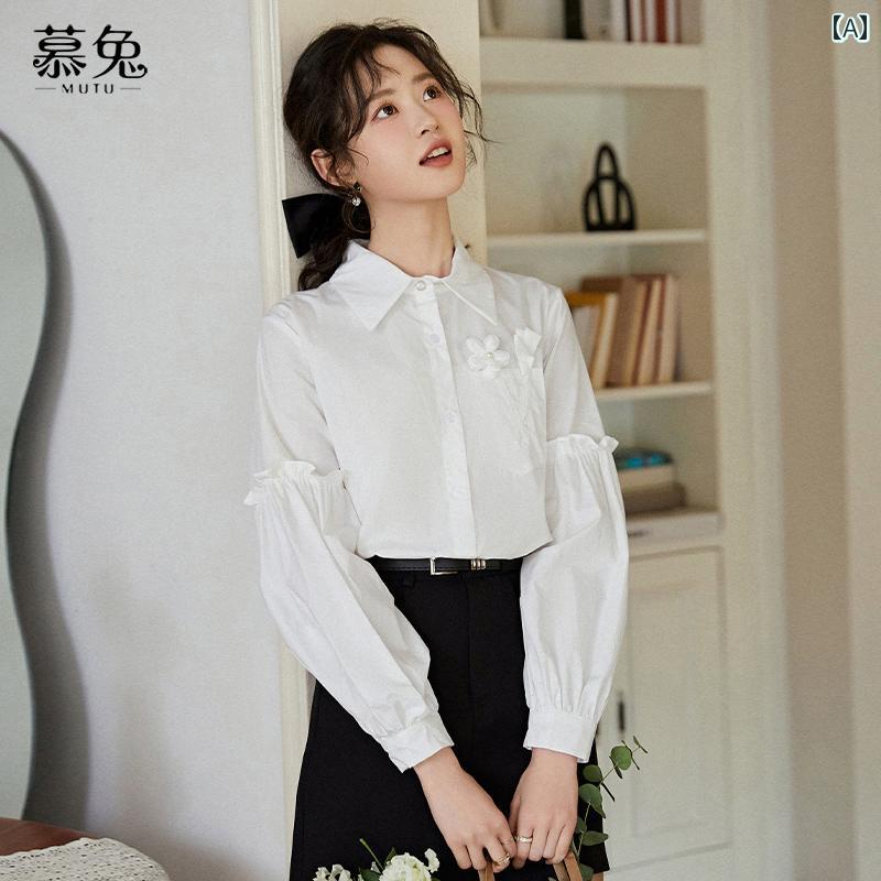 Rakuten - レディース ブラウス 立体 花 パフスリーブ 白 シャツ 女性 春 小さい トップス