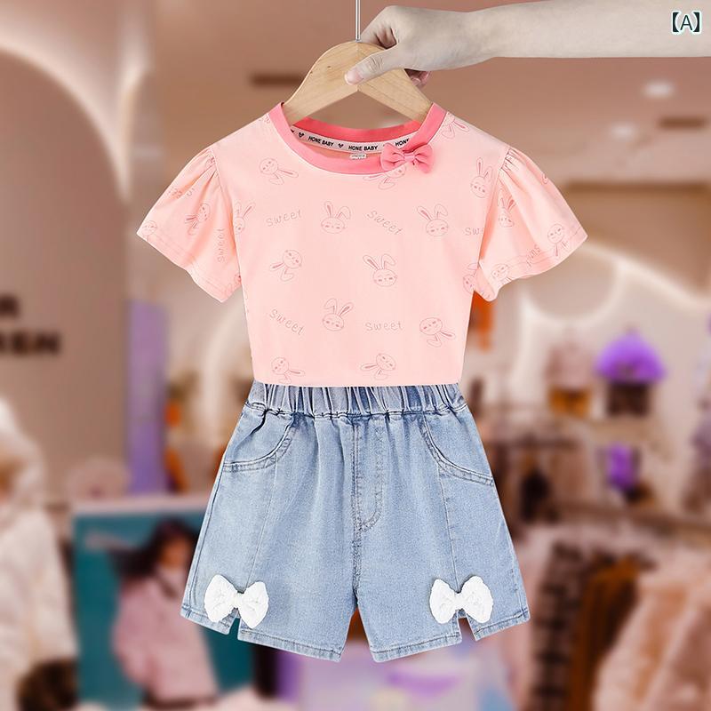 カジュアル 夏 パンツ キッズ トップス ガールズ スーツ 子供服 幼児 赤ちゃん T シャツ デニムショート ツーピース セット