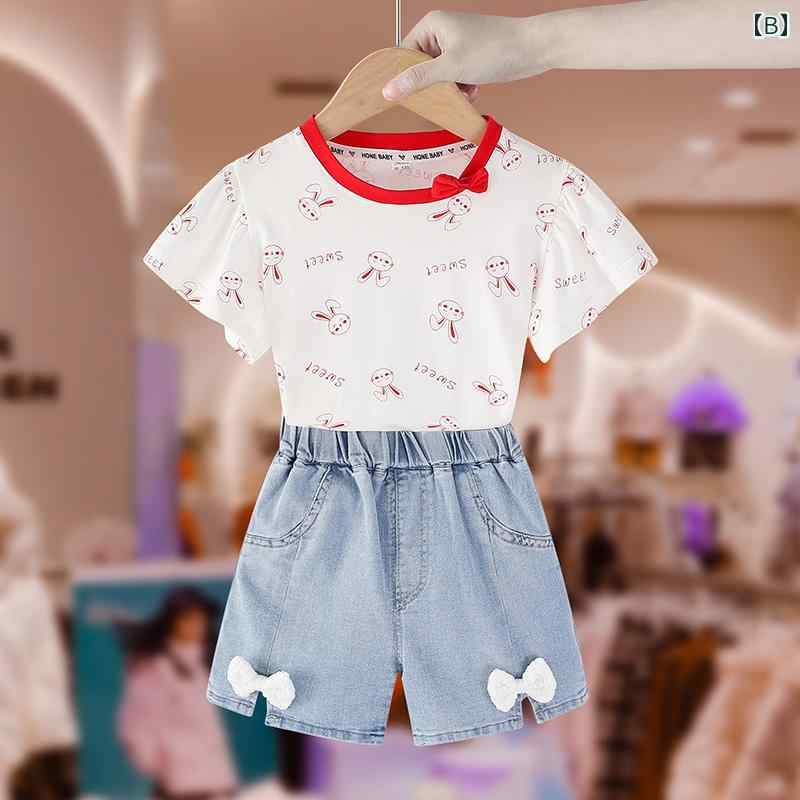 セキュアデポのカジュアル 夏 パンツ キッズ トップス ガールズ スーツ 子供服 幼児 赤ちゃん T シャツ デニムショート ツーピース セット｜アングル2