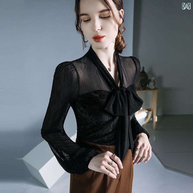 レディース ラテン ダンス メッシュシャツ ランタン 袖 社交 レースアップ トップス 春 練習服