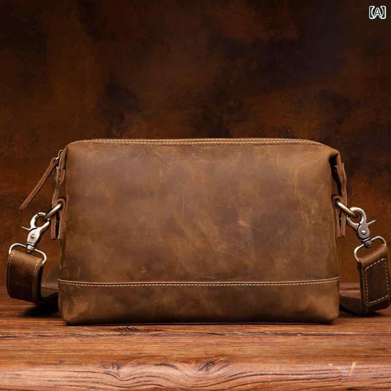 メンズ カジュアル ショルダーバッグ 多機能 クラッチバッグ 最上層 牛革 バッグ 横型 レトロ ジッパー レザー クロス ボディバッグ