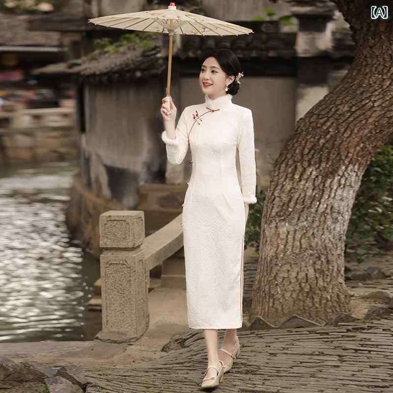 China Dress - レディース チャイナ ドレス エレガント パフォーマンス 民族服 レトロ 民族風 長袖 ベルベット 厚手 ハイエンド 淑か 暖かい
