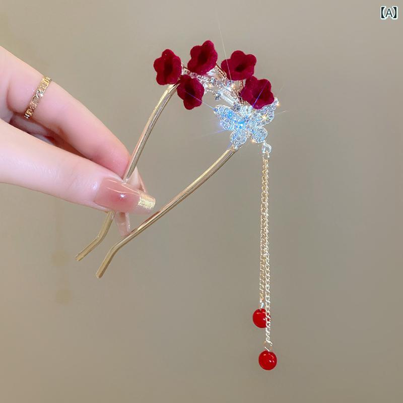 レディース タッセル アクセサリー かんざし ヘア 赤い 花 蝶 ヘアピン 中華風 ハイエンド レトロ 韓服..