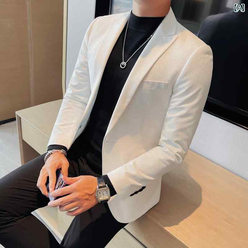 メンズ カジュアル スーツ トップス 韓国 スリム ファッション シングル 秋冬 ワッフル 柄 小さめ ジャケット