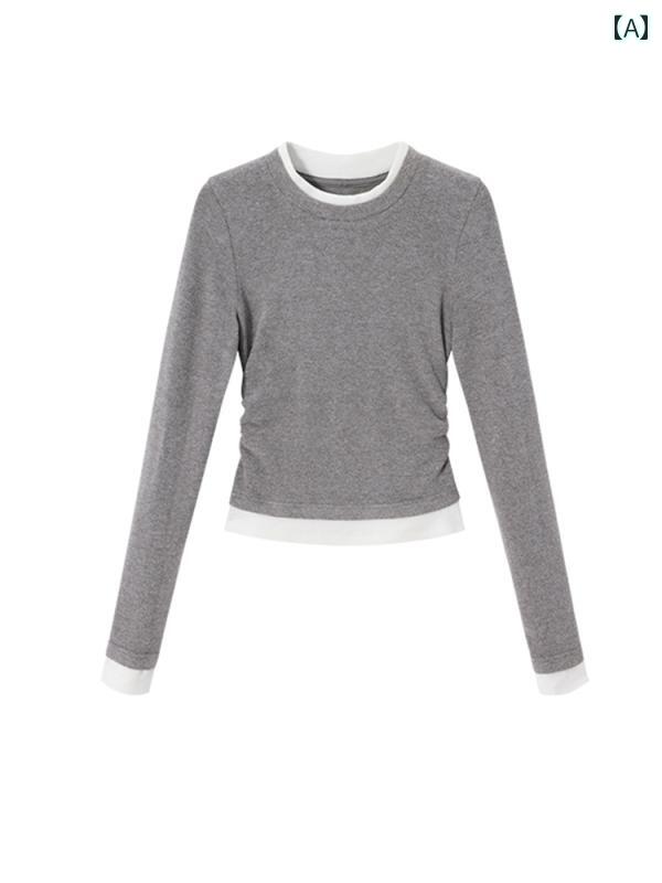 レディース ファッション 柔らかい ワックス 状 厚手 起毛 フェイク ツーピース スプライシング 長袖 ..