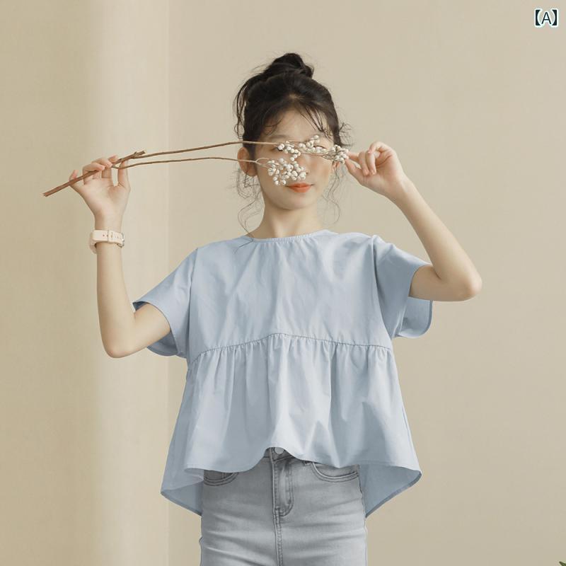 夏 女の子 ガールズ 綿 トップス 半袖 ベビー ドール シャツ 小中学生 子供用 和風 海辺 休暇