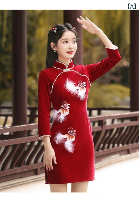 China Dress - レディース チャイナ ドレス おしゃれ コスプレ 写真撮影 民族衣装 冬 親子 服 立体 金魚 刺繍 中華風 レトロ 母 娘 正月