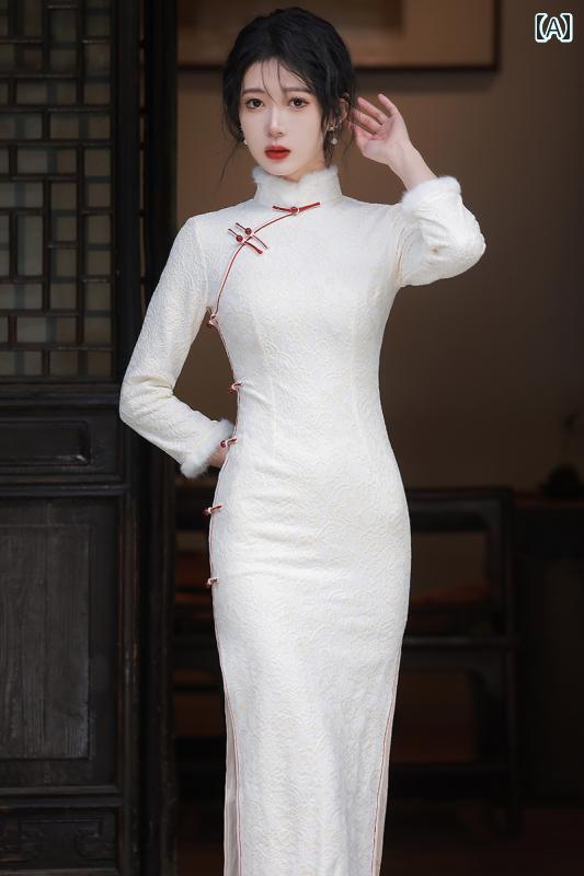 レディース チャイナ ドレス おしゃれ コスプレ 写真撮影 民族衣装 秋冬 厚手 ベルベット 白 長袖 レース 上品 洗練 冬 摩耗 中華風 女性