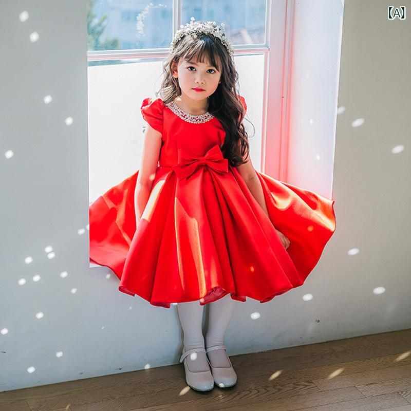 発表会 子供 ドレス プリンセス ガールズ ピアノ パフォーマンス フラワーガール ホスト イブニングドレス レッド ハイエンド