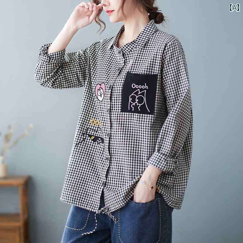 Long-Sleeved - レディース カジュアル チェック柄 シャツ トップス ママ 普段着 大きいサイズ 文学 長袖 女性 春秋 スタイル