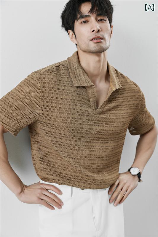 メンズ 夏 カジュアル ポロシャツ V ネック 半袖 T シャツ 韓国 無地 ニット