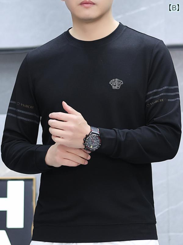 メンズ カジュアル 春秋 長袖 T シャツ ラウンドネック 薄手 トレーナー 三 ストライプ トップス