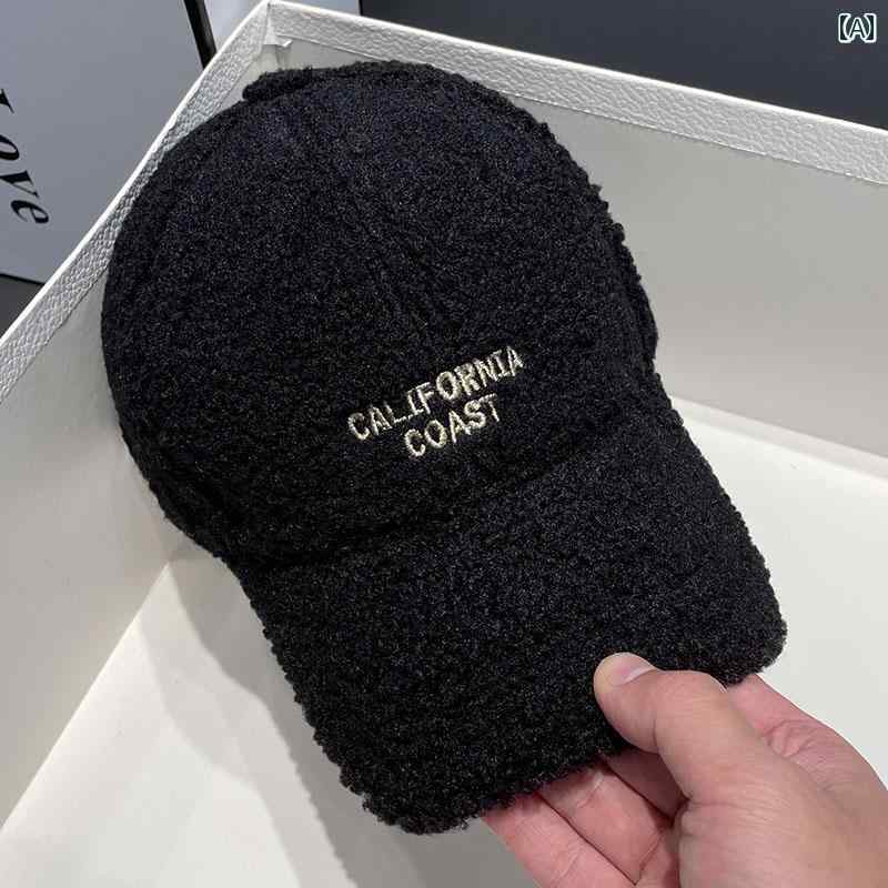 カジュアル キャップ 韓国 刺繍 文字 子 羊 ベルベット ベージュ 野球帽 女性用 秋冬 厚手 暖かい ピーク