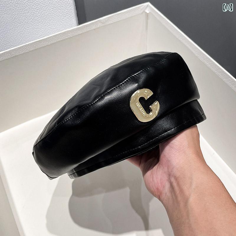 ベレー 帽 和風 PU レザー メタル ロゴ C 文字 女性 秋冬 エレガント 画家 Beilei 帽子