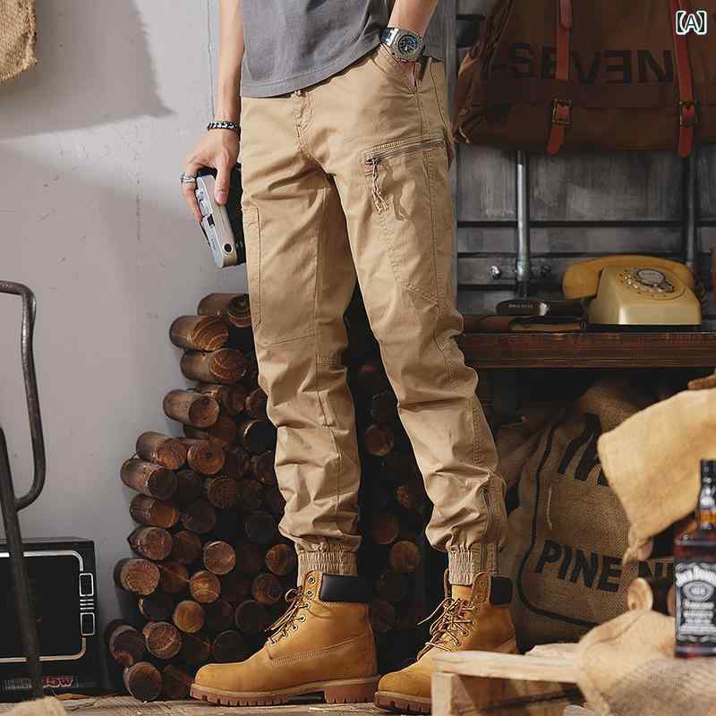 メンズ カジュアル 夏 パンツ アウトドア 用 アメリカン ロギング レトロ ワークウェア 作業 ズボン フィット レッグ ミリタリー 綿 カーキ