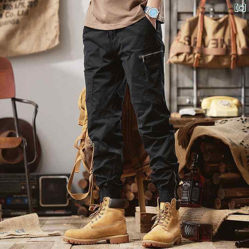 メンズ カジュアル 夏 パンツ アウトドア 用 アメリカン ロギング レトロ ワークウェア 作業 ズボン フィット レッグ ミリタリー 綿 カーキ