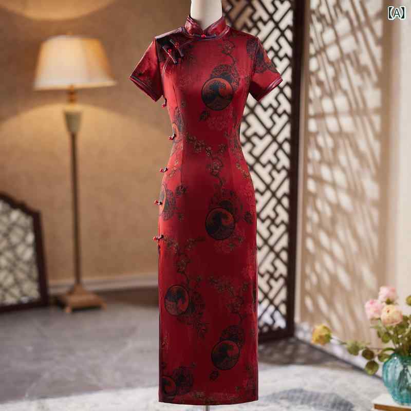 China Dress - レディース 夏 チャイナ ドレス エレガント パフォーマンス 民族服 ブルゴーニュ 結婚式 パーティー 衣装 中華風 上品 洗練 淑女 レトロ