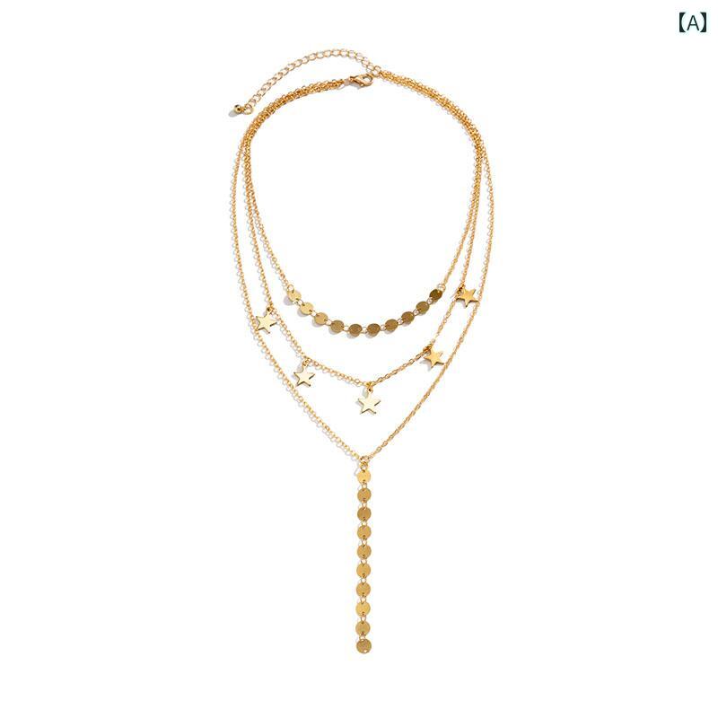 レディース タッセル ネックレス アクセサリー 五芒星 ディスク 女性 アメリカ 春 ディープ V ロング ドレス