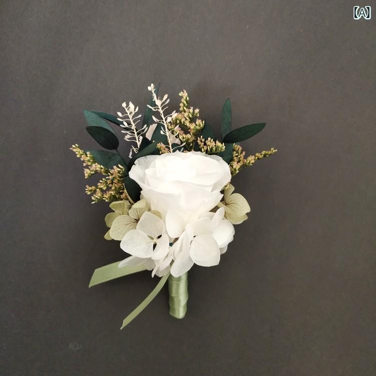 アクセサリー コサージュ ウエディング パーティー ホワイトローズ エターナル フラワー リスト クリア..