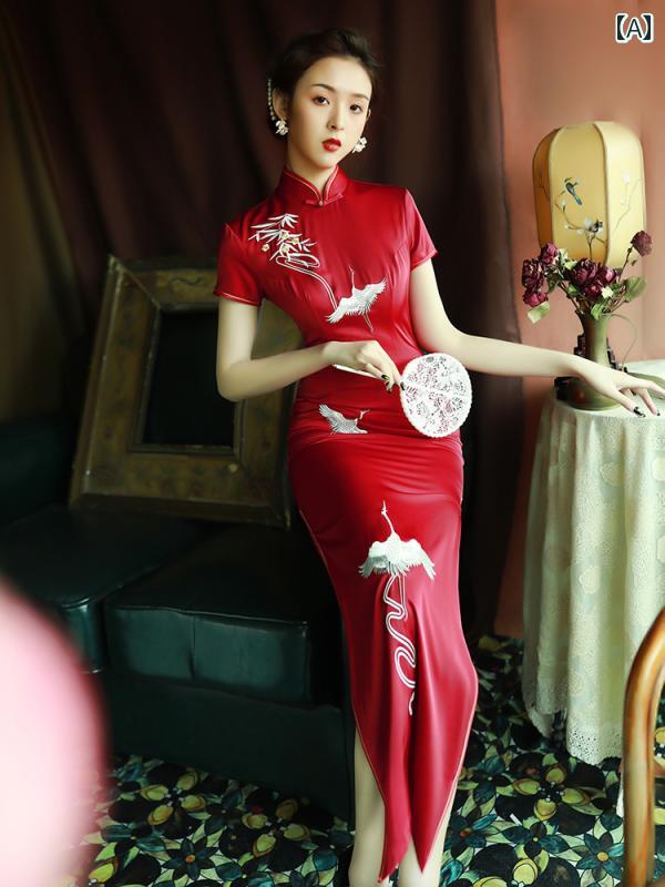 China Dress - レディース チャイナ ドレス 配 女性 祝賀 挨拶用 レトロ 中華風 上品 洗練 ガールズ 赤い トースト