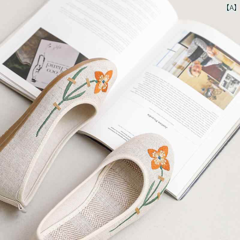 レディース カジュアル 夏 婦人靴 春 綿 リネン フラット 古風 布靴 ソフト ソール 通気性 エスニック ..