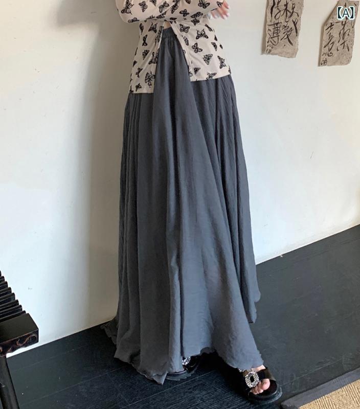 レディース ファッション 秋 クール 不規則 綿 リネン ハイウエスト スカート 女性 大きい スイング ロング(4)