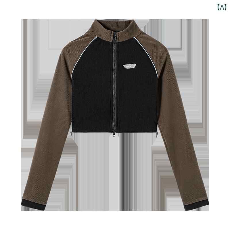 レディース ファッション アメリカン スタイリッシュ ハーフ タートル カラー ショート トップス 女性 秋 双頭 ジッパー ジャケット