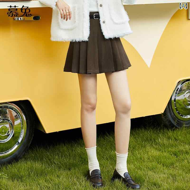 樂天商城 - レディース ボトムス レトロ ブラウン プリーツスカート 女性 秋 小さい ハイウエスト スリム a ライン スカート