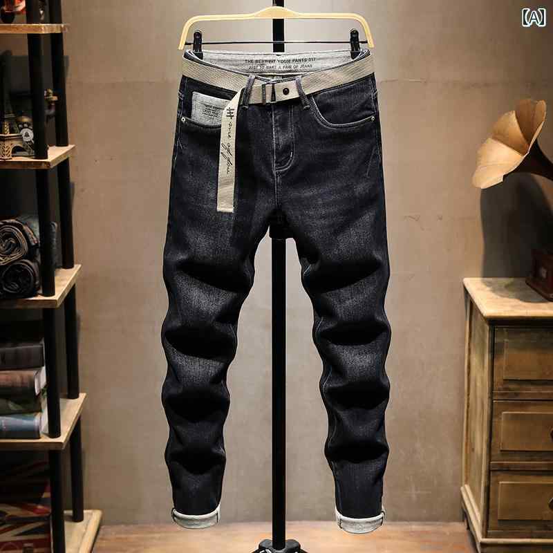 メンズ カジュアル パンツ デニム ジーパン 春秋 フリース ジーンズ スリムフィット ブラック 起毛 暖かい ロング 薄手 ベルベット