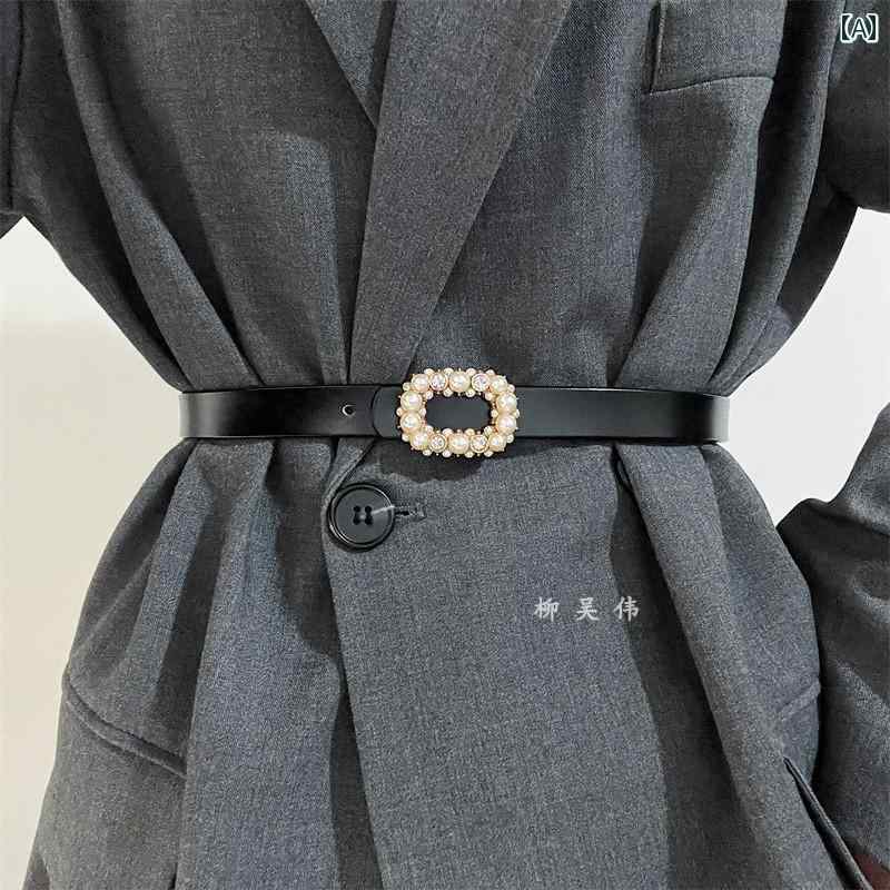 レディース ラインストーン レザー ベルト 革 ファッション ブラック ジーンズ 薄型