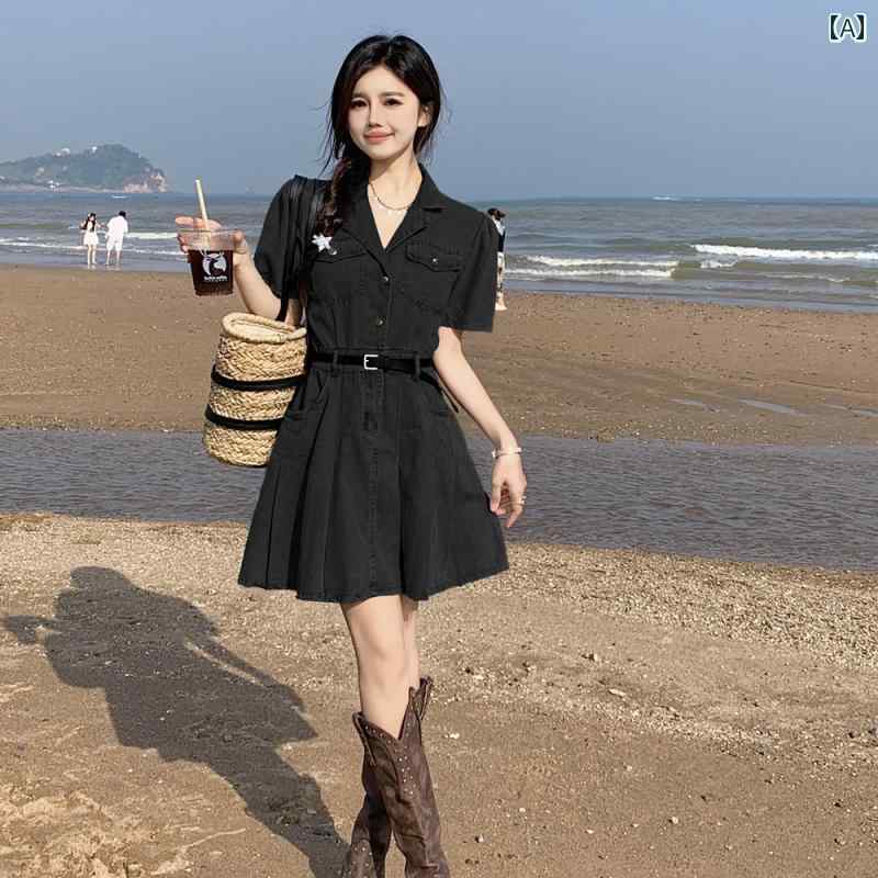 夏 おしゃれ 半袖 女性用 ウエスト デニムスカート 大きめ サイズ 甘くて スパイシー スリム a ライン ドレス