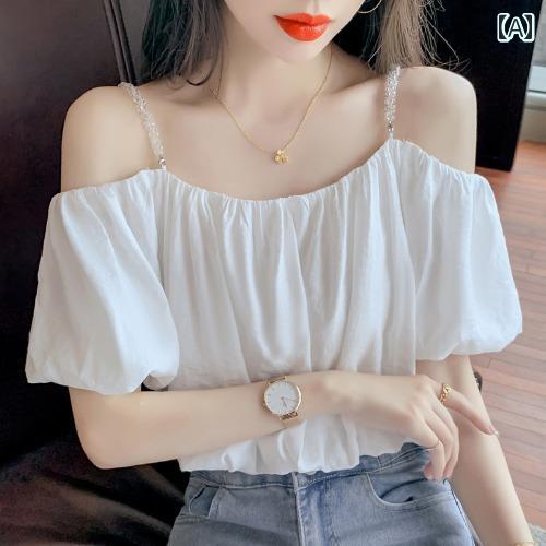 レディース 夏 シャツ かわいい ワンショルダー スーパー フェアリー シフォンシャツ 女性 美しく スタイリッシュ 半袖 シック サスペンダー トップス