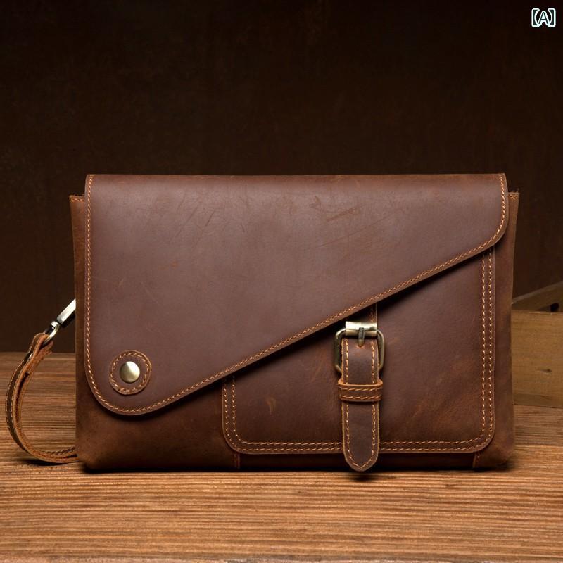メンズ レトロ レザー クラッチバッグ レザー長 財布 ジッパーウォレット 牛革 ハンドバッグ