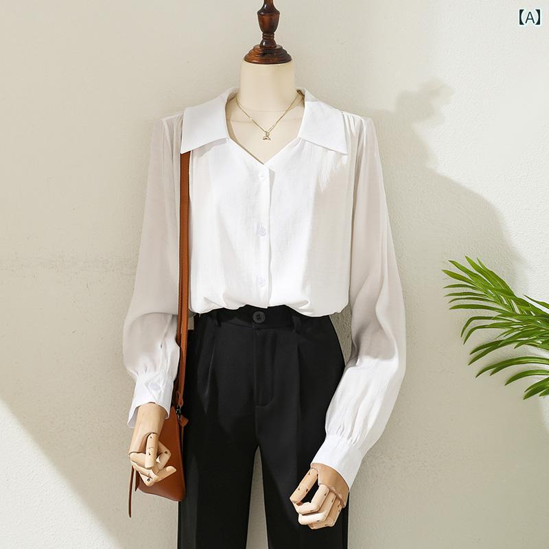 Long-Sleeved - レディース シャツ ブラウス 女性 V ネック 長袖 春 白 プロ 通勤 インタビュー トップス