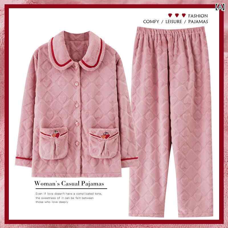 秋冬 コーラル ベルベット パジャマ 女性 厚手 暖かい フランネル 大きいサイズ ホーム 服 ママ セット
