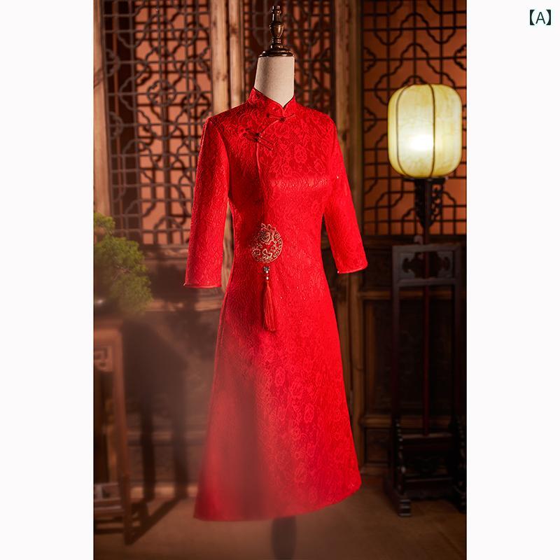China Dress - レディース チャイナ ドレス 結婚式 披露宴 レトロ 赤い 高級感 春秋