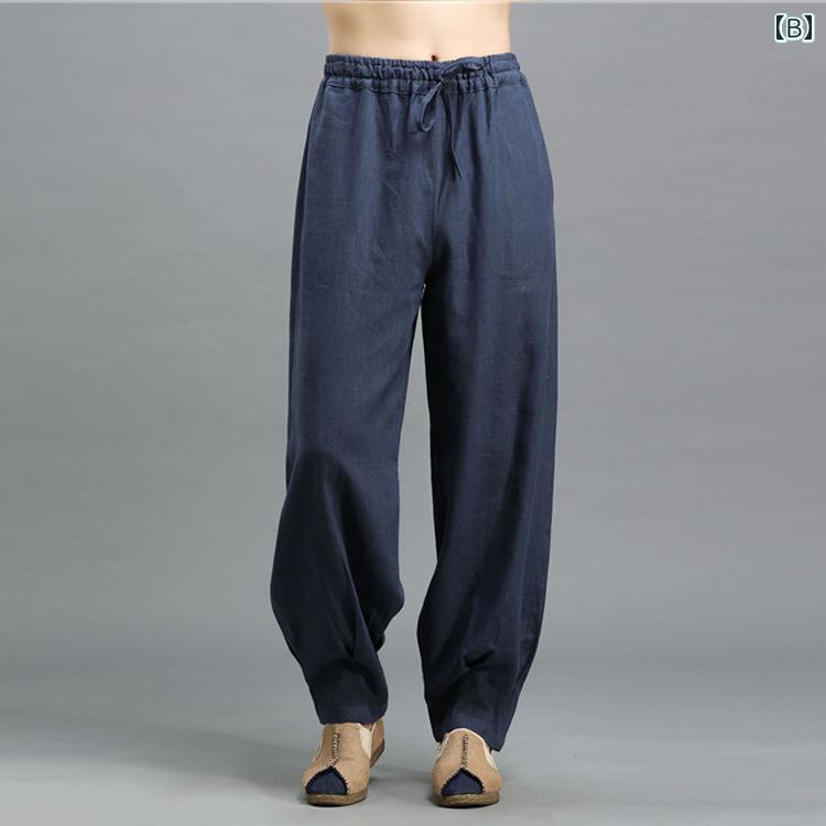 メンズ カジュアル パンツ 春 リネン ストレート ワイド レッグ 大きいサイズ カフス 唐 スーツ チャイナ 風