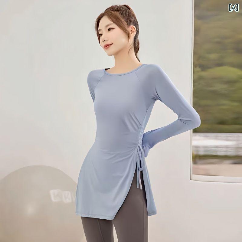 レディース フィットネス ウェア プロ トレーニング ピラティスヨガ 服 トップス 春秋 ランニング スポーツ筋トレ ストレッチス お尻 カバー スリット T シャツ スポーツウェア