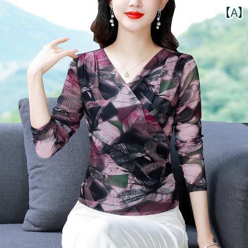 レディース カジュアル トップス シャツ マザー 婦人服 普段使い 秋 ファッション V プリント メッシュ スリム 長袖 T スリミング レイヤリング 小さい