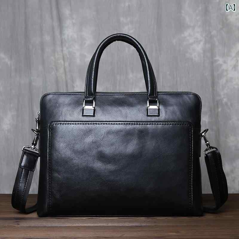 メンズ カジュアル ハンドバッグ ビジネス レザー レトロ 最上層 牛革 バッグ 革 ブリーフ ケース コンピューター 横型 ショルダー クロス ボディバッグ