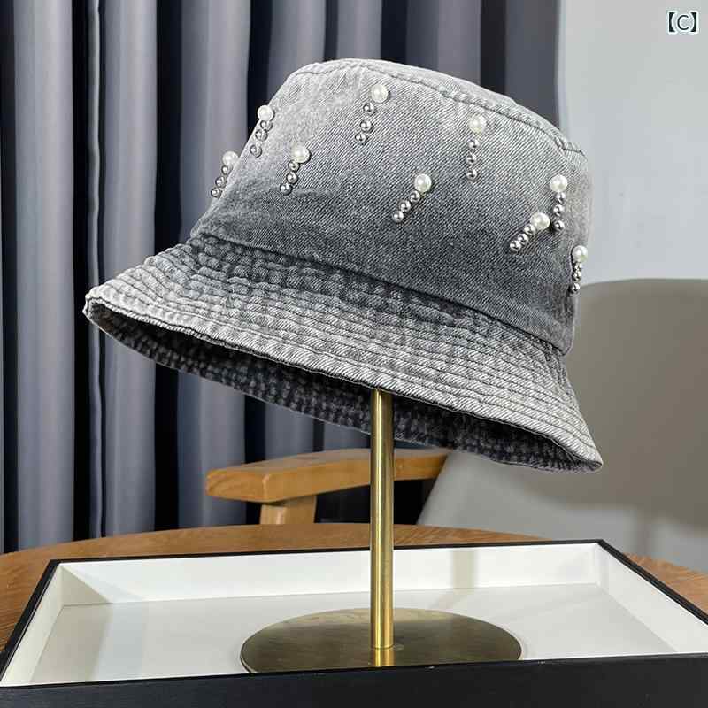 レディース 夏 デニム ハット 登山 アウトドア 釣り 帽子 ウォッシュドデニム グラデーション パール フィッシャーマン 春 小顔効果 日よけ バケット 屋外 日焼け防止