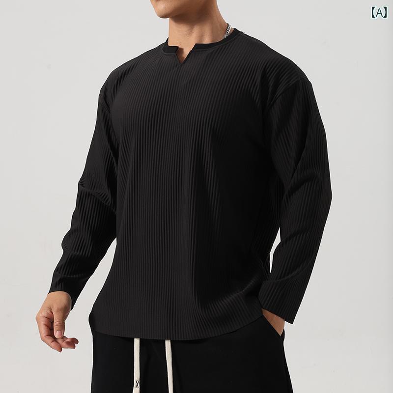 メンズ T シャツ マッスル 筋肉質 ハイエンド V ネック 長袖 秋冬 スポーツ トレーニング プリーツ ドレープ フィットネス 服
