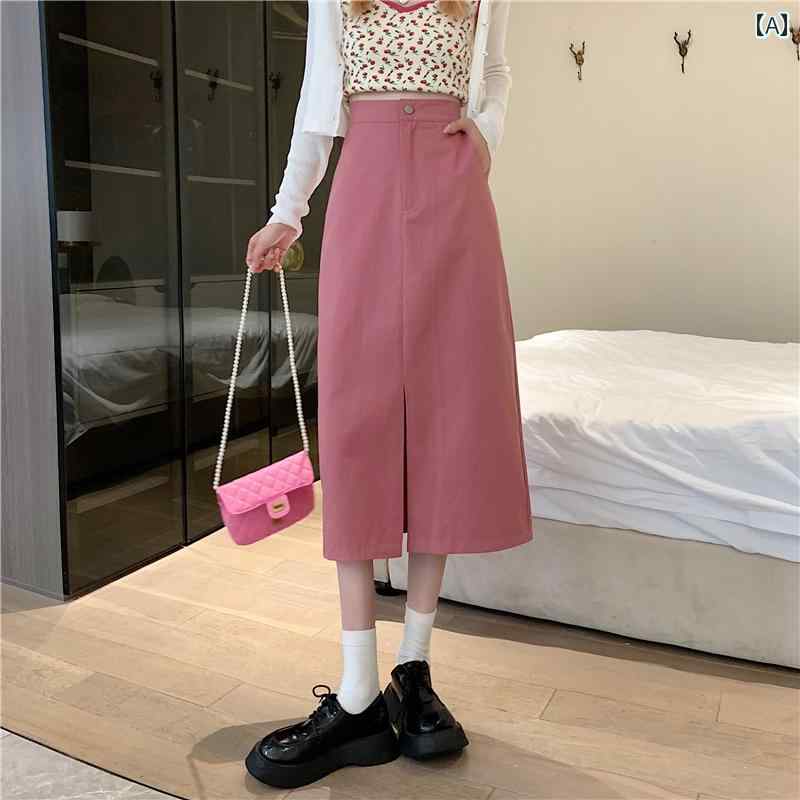 レディース 洋ナシ型 体型 ぽっちゃり 女の子 ピンク スカート 不規則 フロントスリット カレッジ ハイウエスト スリム a ライン