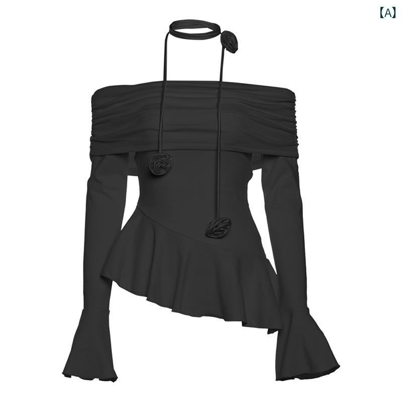 レディース ファッション クール 雰囲気 ワン ライン 襟 オフショルダー 長袖 T シャツ 不規則 スリムトップス 秋(4)