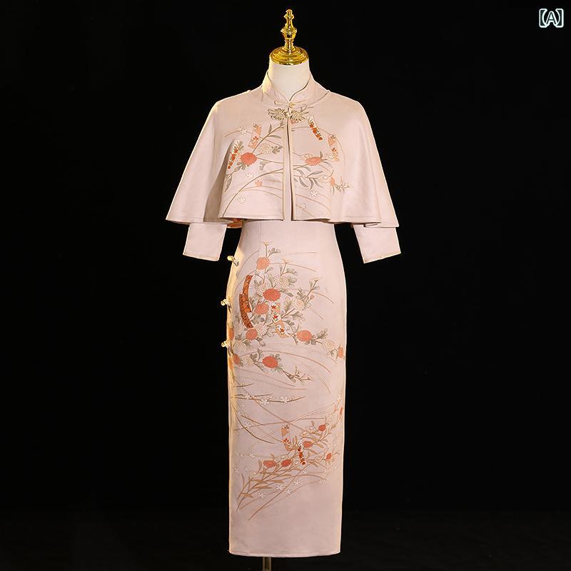 長袖 チャイナ ドレス 冬 若々しい エレガント レトロ ロング アウター ショール ツーピース スーツ