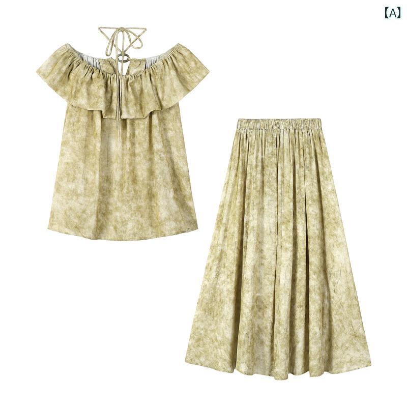レディース 夏 ファッション フレンチ レトロ ワンショルダー ホルターネック トップス スカート ツーピース 女性 中華風 スーツ