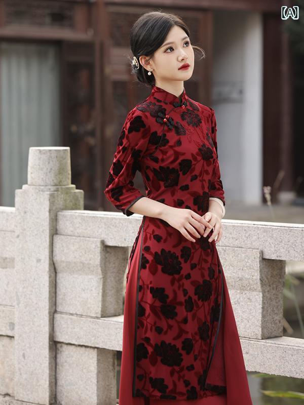 レディース アオザイ コスプレ 民族衣装 秋冬 中華風 レトロ チャイナ ドレス 上品 洗練 スリム 長い 赤い