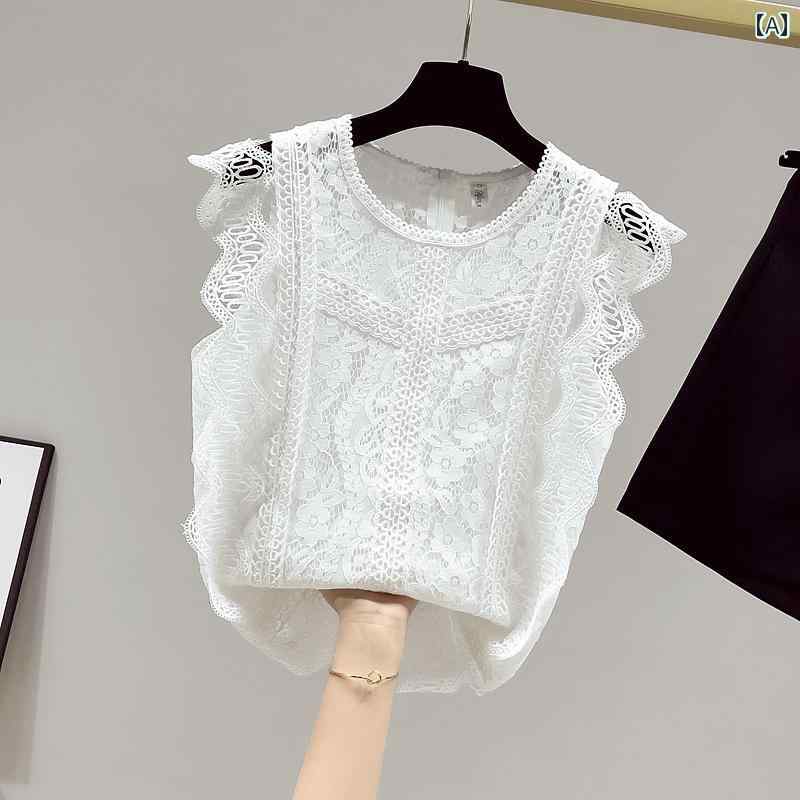 Sleeveless - レディース 夏 ブラウス ノースリーブベスト レース ボトム シャツ シフォンシャツ 爽か スーパー フェアリー トップス