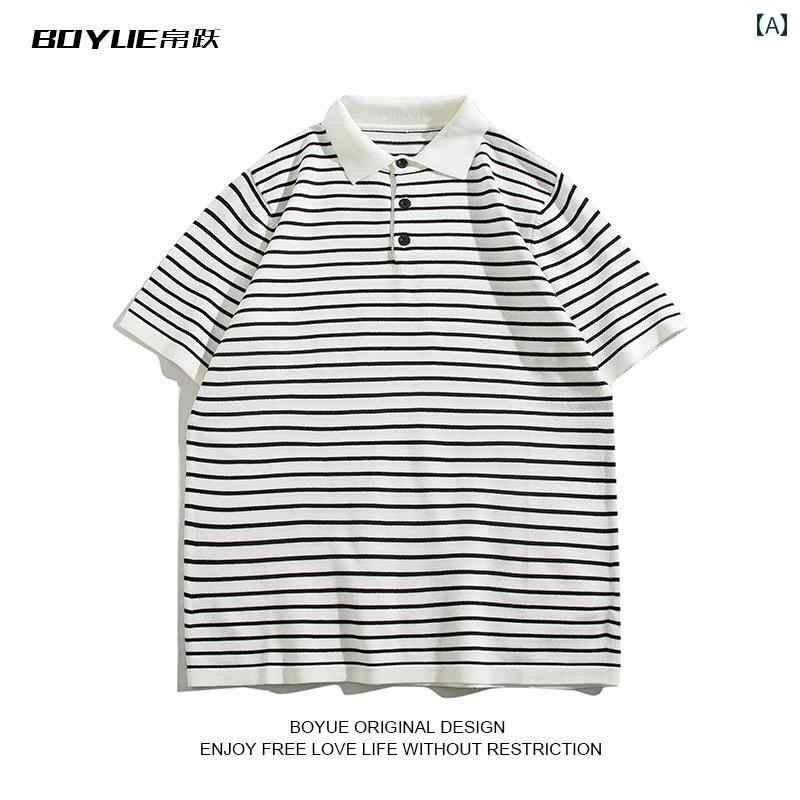 メンズ ポロシャツ トップス ジャンプ ストライプニット 学生 和風 ボーイッシュ t シャツ 半袖